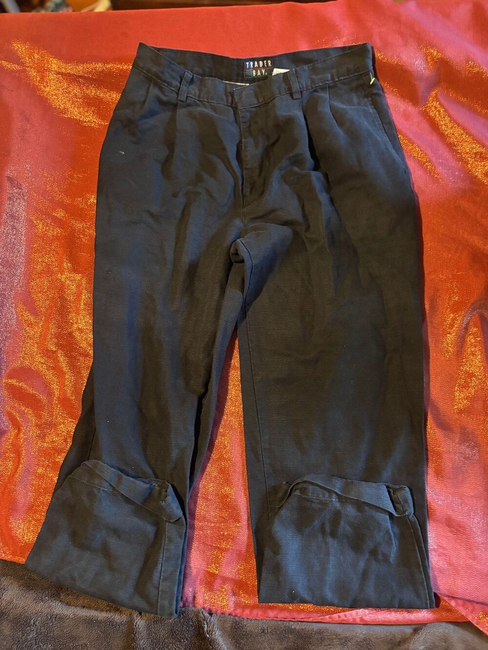 Trader Bay Pants Womens Black Cropped Cuffed Pull On Back Slit Casual Office